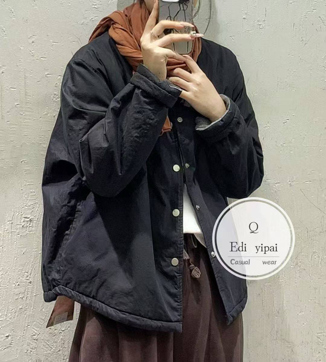 ED，33010#洗水棉面料羊毛绒填充棉衣简约时尚潮流百搭圆领棉服