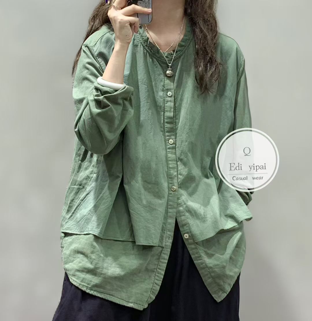 ED春秋正品88005#双纱棉拼袖子弹力棉花边领假两件上衣百搭打底衫