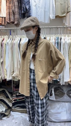 本素6723#双口袋加厚纯棉磨毛宽松长袖衬衫女百搭外套