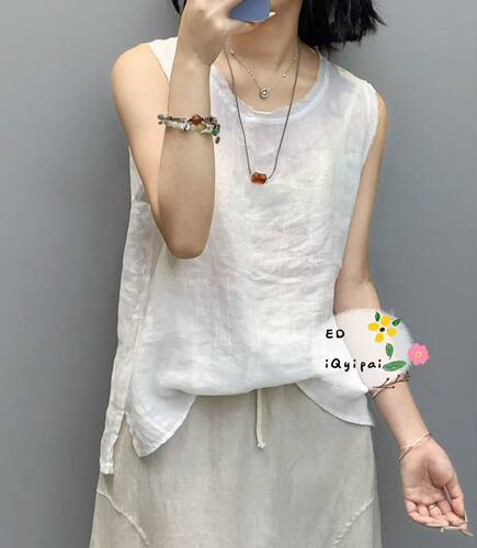 ED，33089#砂洗做旧天丝苎麻皱皱毛边背心女百搭无袖内搭外穿均可