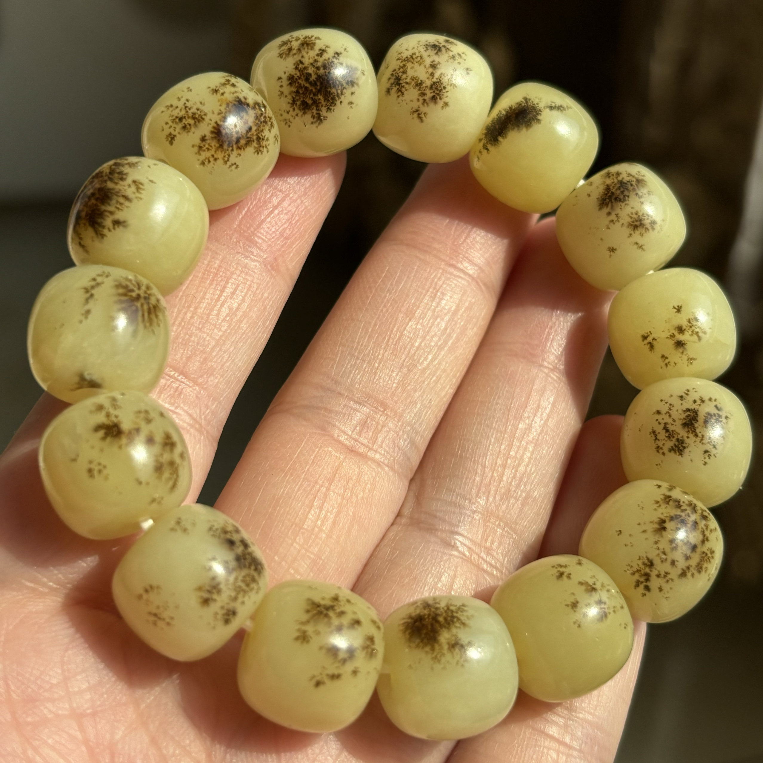天然岫玉辽阳花玉奶黄包桶珠草花手链男女同款手串正品包邮