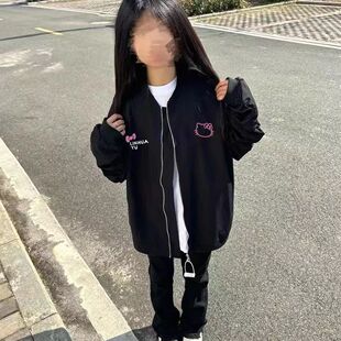 中大童美式复古外套女儿童凯蒂猫韩版2024宽松冬季加绒加厚棒球服