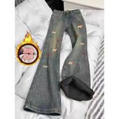 女中大童高腰弹力显瘦喇叭长裤 加绒秋冬新款 卡通狗印花微喇牛仔裤