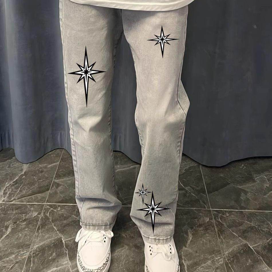 中大童美式高街字母印花牛仔裤休闲潮ins直筒黑色烟灰色裤子童装