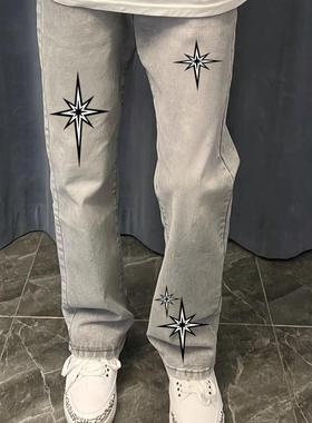 中大童美式高街字母印花牛仔裤休闲潮ins直筒黑色烟灰色裤子童装