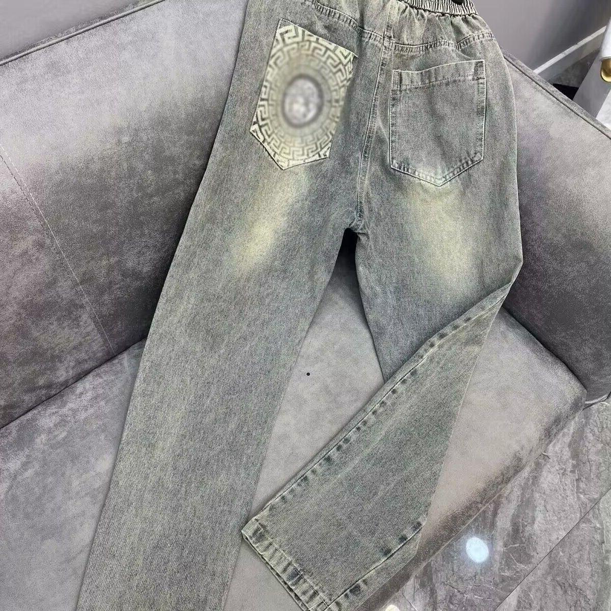 中大童装美式复古做旧牛仔裤男印花直筒裤春夏新款潮牌潮男长裤