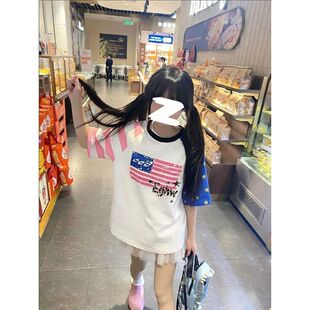 美式潮牌ins字母印花中大童短袖t恤男女夏季宽松内搭插肩圆领上衣