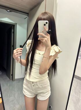 快手女网红同款女童木耳边小飞袖短袖T恤修身蝴蝶结短款上衣+短裤
