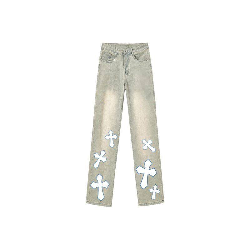 美式复古水洗做旧潮流高街十字架字母印花中大童图案牛仔裤ins风,童装/婴儿装/亲子装,儿童牛仔裤,淘宝优惠券,粉丝福利购,淘宝优惠卷
