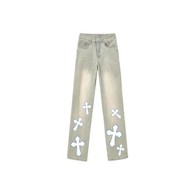 美式复古水洗做旧潮流高街十字架字母印花中大童图案牛仔裤ins风