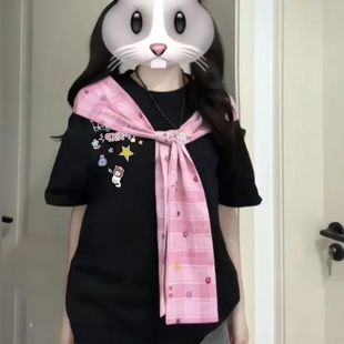 復(fù)古格子披肩假兩件寬松短袖 童裝 印花美式 t恤女夏季 網(wǎng)紅同款 穿搭