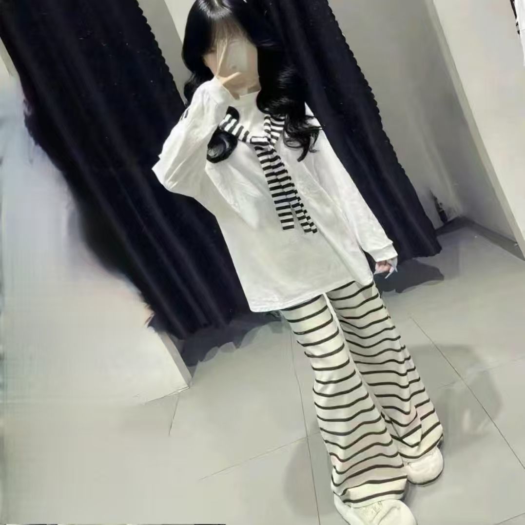 儿童新款清新潮休闲简约披肩长袖上衣+条纹直筒宽松阔腿裤三件套