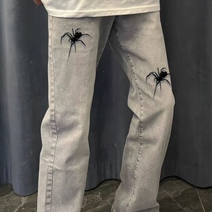 中大童美式高街印花蜘蛛牛仔裤休闲潮ins直筒黑色烟灰色裤子男款