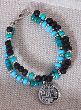 原创设计 波西米亚风饰品 串珠木头银色圆盘时尚个性双层手链女