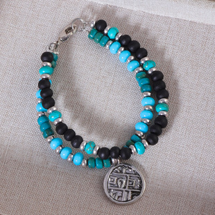 原创设计 波西米亚风饰品 串珠木头银色圆盘时尚个性双层手链女