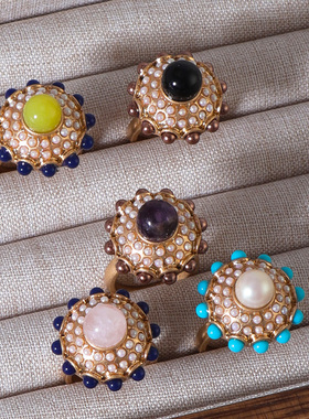 原创设计 欧美饰品复古时尚伞状珍珠豆天然石时尚合金戒指女