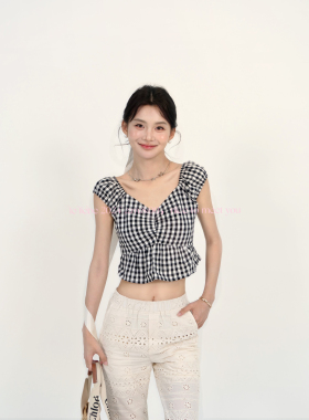 LE LIEBE 夏季 巨巨巨显直角肩 黑白格 v领天鹅颈 法式小上衣短款