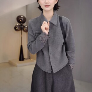 双面绒纯色蕾丝镂空拼接长袖翻领外套开衫女春秋新款百搭显瘦上衣