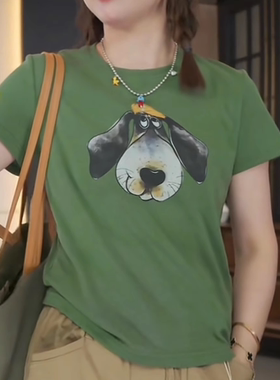 卡通小狗印花绿色圆领短袖T恤女夏季新款百搭休闲上衣清新减龄