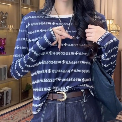 天丝薄款条纹圆领长袖T恤女