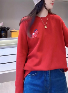 小马刺绣红色双面绒长袖T恤女2026春新款休闲百搭显瘦保暖打底衫