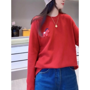 休闲百搭显瘦保暖打底衫 小马刺绣红色双面绒长袖 T恤女2026春新款