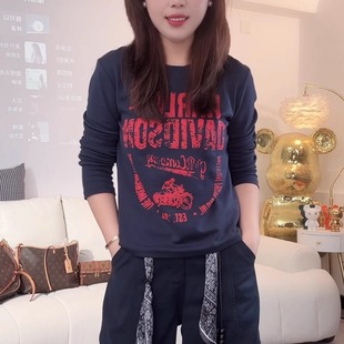 休闲百搭显瘦减龄打底衫 新款 T恤女2025秋季 复古机车字母印花长袖