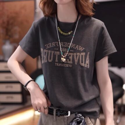设计感植绒字母印花短袖T恤女2026新款潮流时尚百搭显瘦圆领上衣