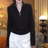 设计师款 简约百搭显瘦纯色上衣 新款 半拉链圆领长袖 T恤女2025春季