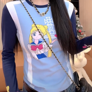 百搭显瘦拼接撞色打底衫 时尚 ins T恤女春秋新款 美少女卡通印花长袖