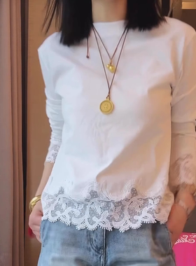 蕾丝拼接长袖T恤女2025年春季新款时尚休闲宽松百搭显瘦纯色上衣