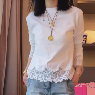 时尚 新款 休闲宽松百搭显瘦纯色上衣 T恤女2025年春季 蕾丝拼接长袖
