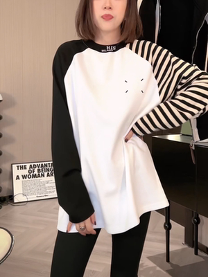 2025早春新款圆领宽松休闲百搭长袖T恤遮肉显瘦插肩袖大码打底衫