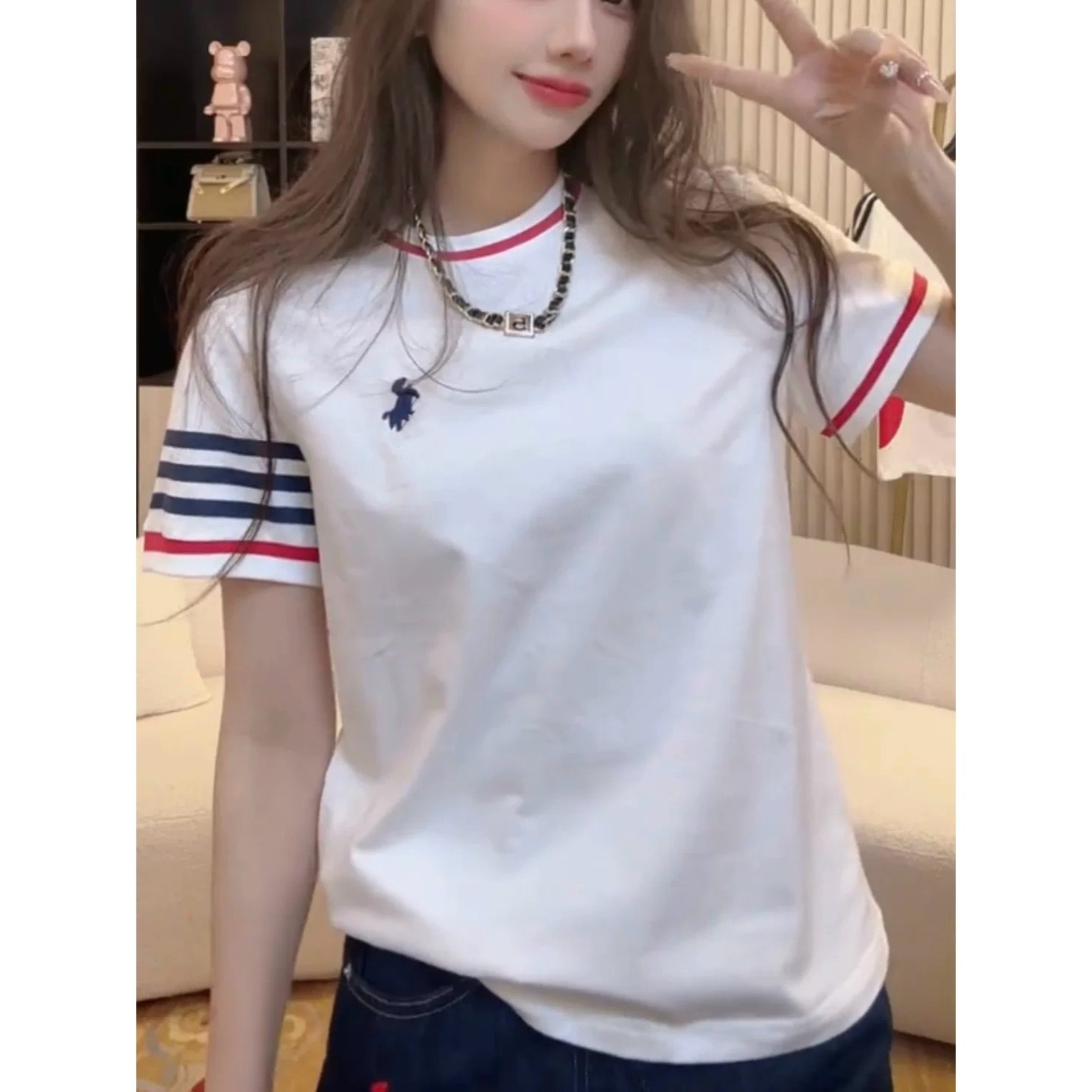 潮牌刺绣撞色领口圆领短袖T恤女2025夏新款百搭显瘦印花拼接上衣,女装/女士精品,T恤,淘宝优惠券,粉丝福利购,淘宝优惠卷