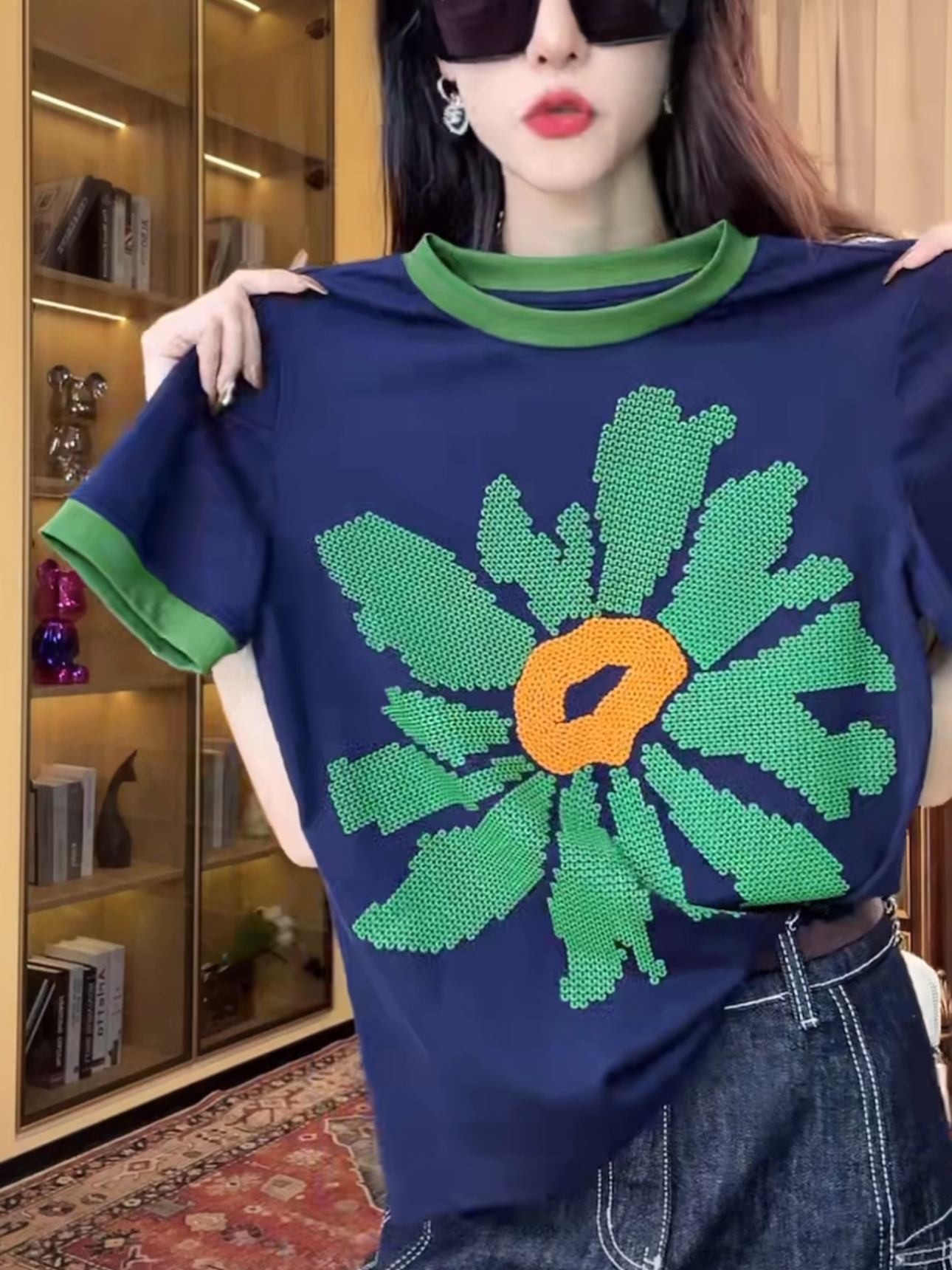 重工立体植绒发泡印花短袖T恤女