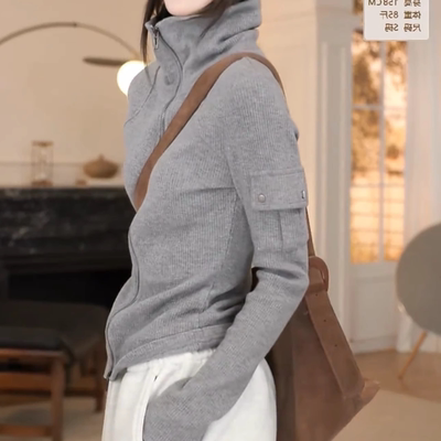 灰色双拉链高领开衫卫衣女2025春季新款设计感口袋百搭显瘦外套潮