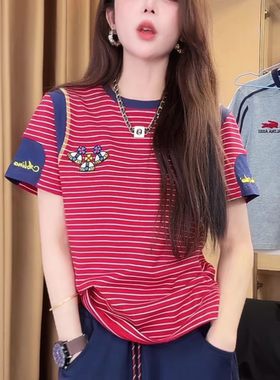 潮牌刺绣撞色条纹短袖T恤女2026夏季新款宽松百搭显瘦圆领上衣ins