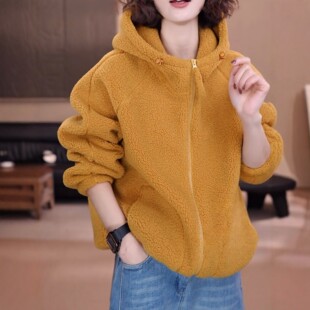 纯色连帽摇粒绒复合奥粒绒加厚抽绳外套女2026新款休闲百搭卫衣潮