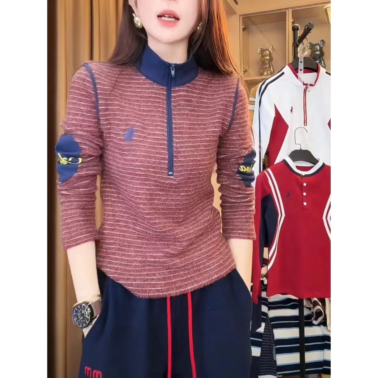 潮牌字母刺绣双面磨毛条纹半拉链长袖T恤女2025秋冬新款百搭上衣,女装/女士精品,卫衣/绒衫,淘宝优惠券,粉丝福利购,淘宝优惠卷