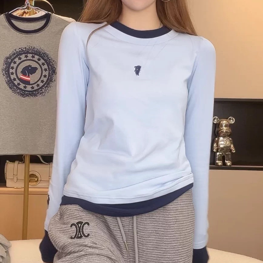 潮牌小马刺绣撞色长袖T恤女2025春秋新款休闲百搭显瘦上衣打底衫