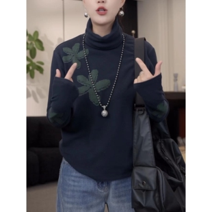 潮 百搭显瘦长袖 设计感加厚双面德绒高领立体发泡印花打底衫 女时尚