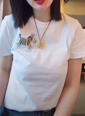 2025夏季新款彩色小马刺绣短袖T恤女简约时尚百搭显瘦圆领上衣潮