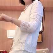 新款 设计感蕾丝拼接圆领长袖 T恤女2026夏季 简约百搭显瘦纯色上衣