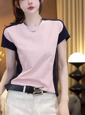 小众设计感腰线拼接短袖T恤女2025夏季新款简约百搭显瘦撞色上衣