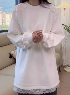 重工蕾丝勾花加绒卫衣女2025冬季新款休闲时尚百搭显示中长款T恤