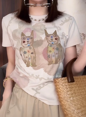 卡通招财猫印花短袖T恤女2026夏季新款休闲百搭显瘦圆领上衣