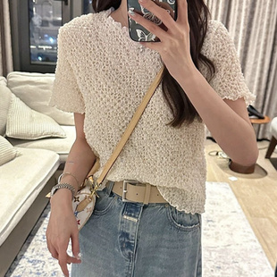 洋气百搭显瘦上衣 新款 高级感小众设计褶皱圆领短袖 T恤女2025夏季