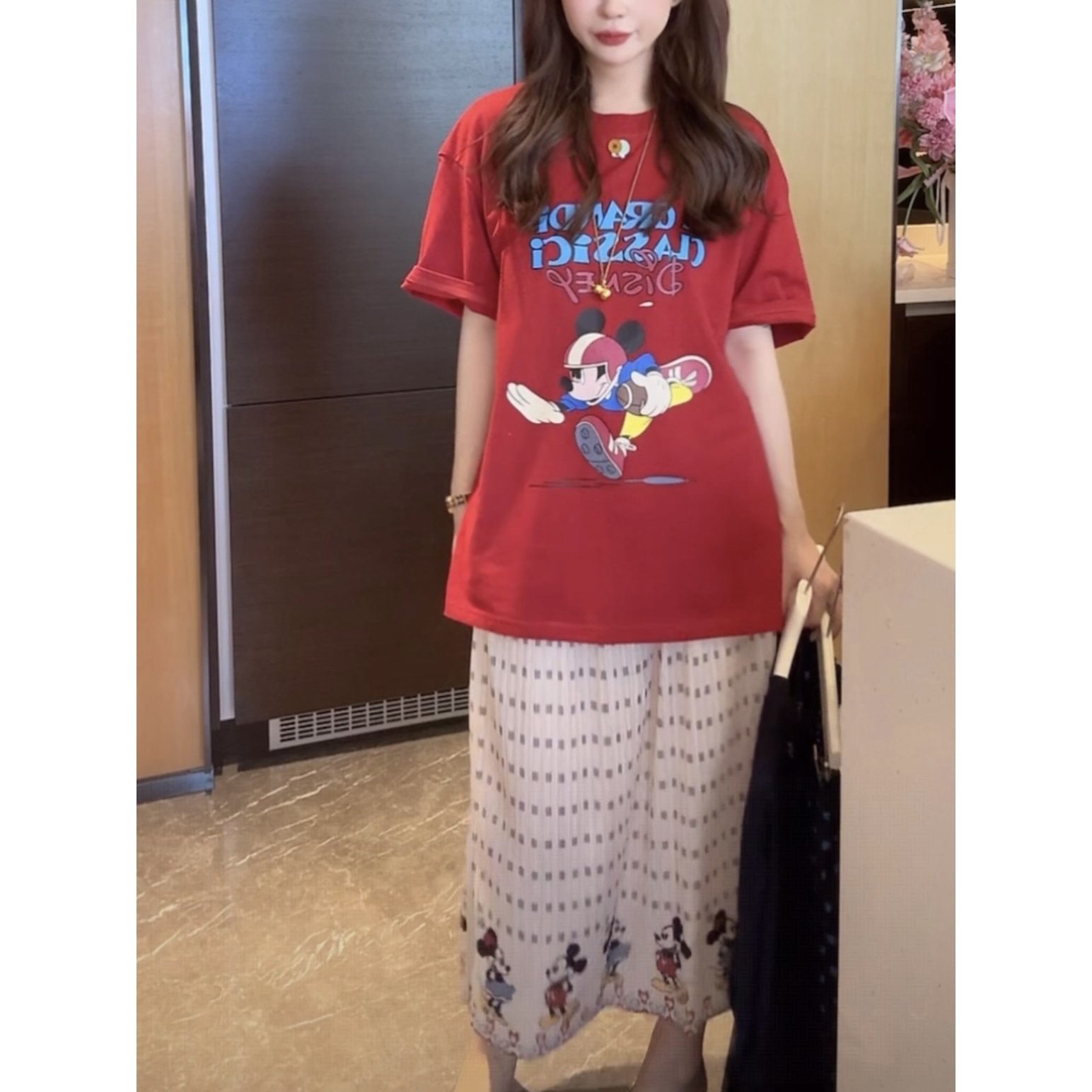 卡通米奇字母印花中长款圆领短袖T恤女夏季新款百搭休闲显瘦上衣