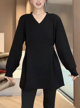 纯色慵懒风V领加绒中长款T恤女2025秋冬新款收腰显瘦开叉打底衫潮