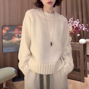 慵懒风纯色镂空圆领针织毛衣女2026秋冬新款时尚休闲宽松显瘦上衣